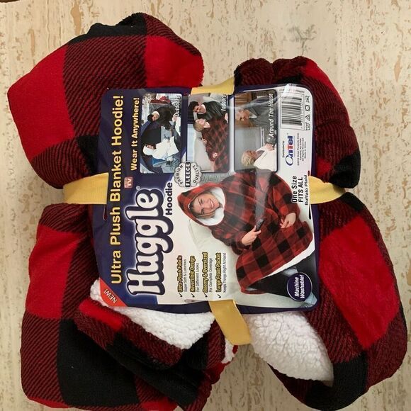 Unisex Buffalo plaid huggle one size fits most plush blanket hoodie - Picture 2 of 15